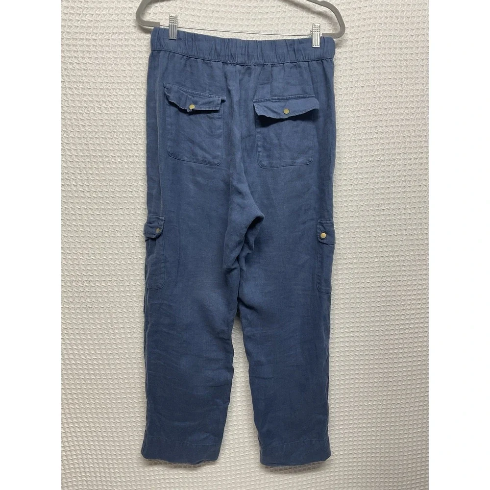 C&C California Cargo Pants Womens Large Blue‎ 100% Linen Pull On High